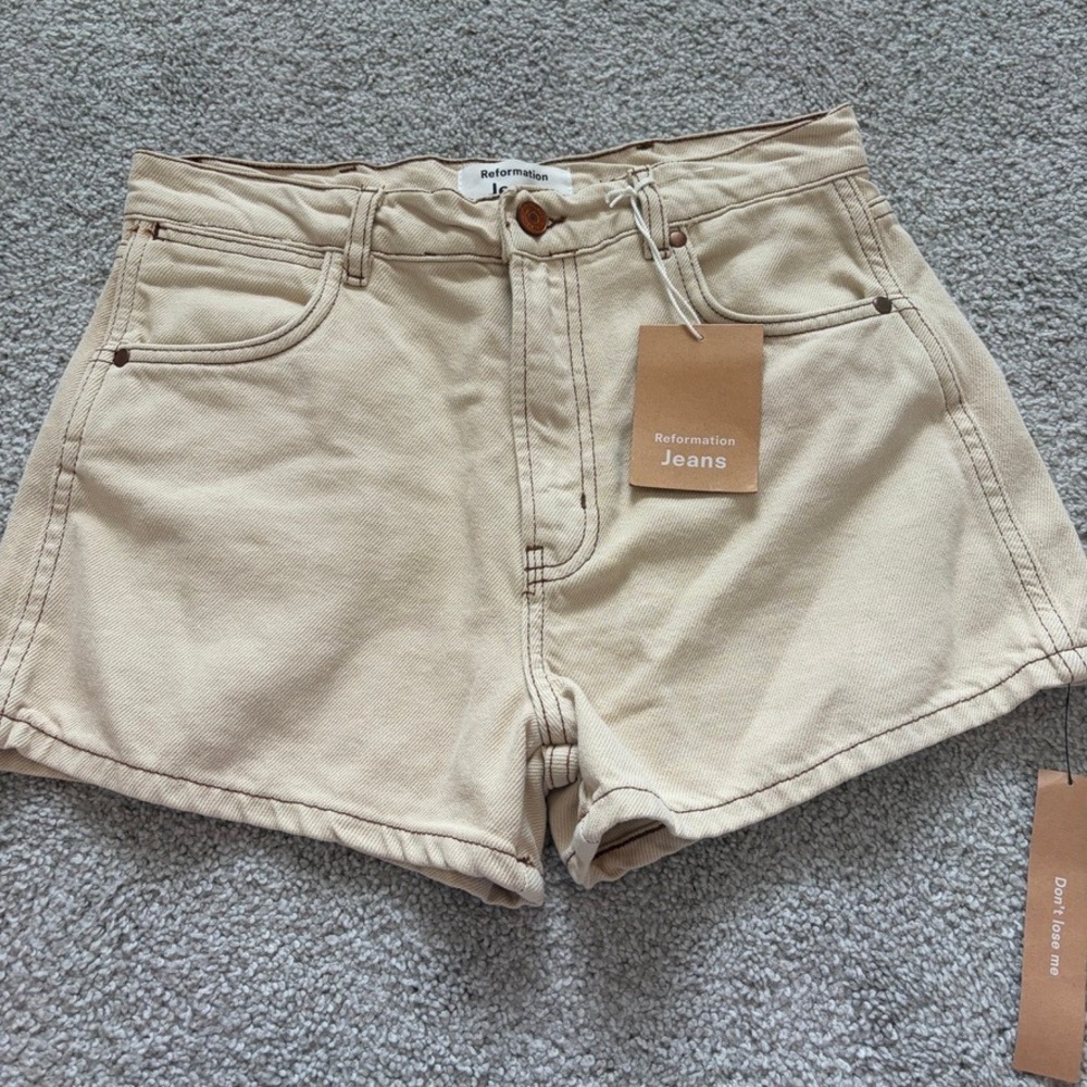 Reformation Cowboy High Rise Jean Shorts Almond Beige Size 28 NWT Western Casual